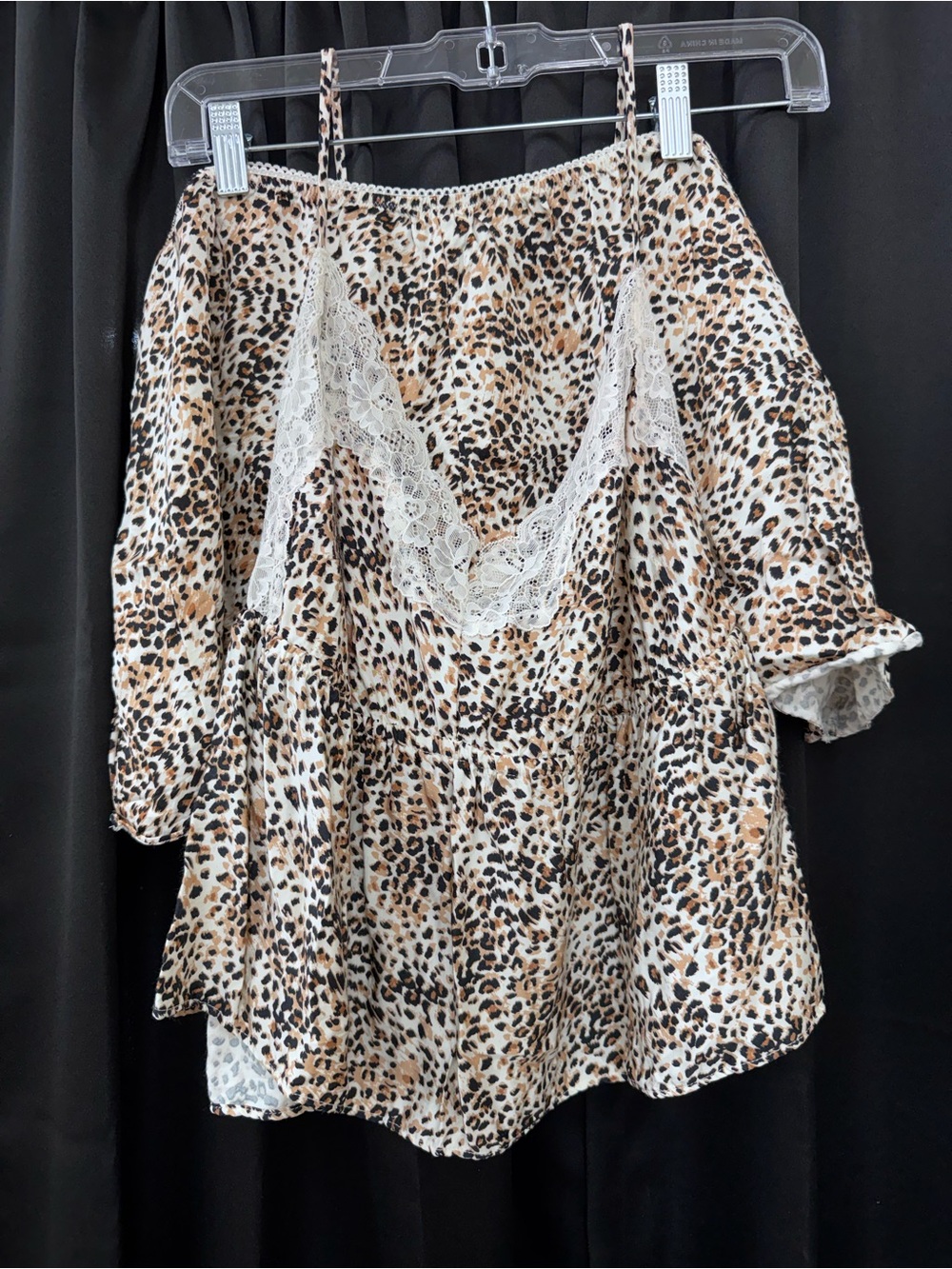 aerie Leopard Print Lace-Trim Cami Pajama Top and shorts- Cream, Brown, Black